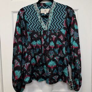 Printfresh Boho Blouse Tassel Tie Long Sleeve Floral Chevron Print Size Medium